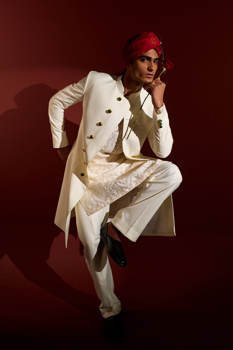 Ivory Stone-Embellished Jacquard Achkan Sherwani (4-Piece) - Image 4