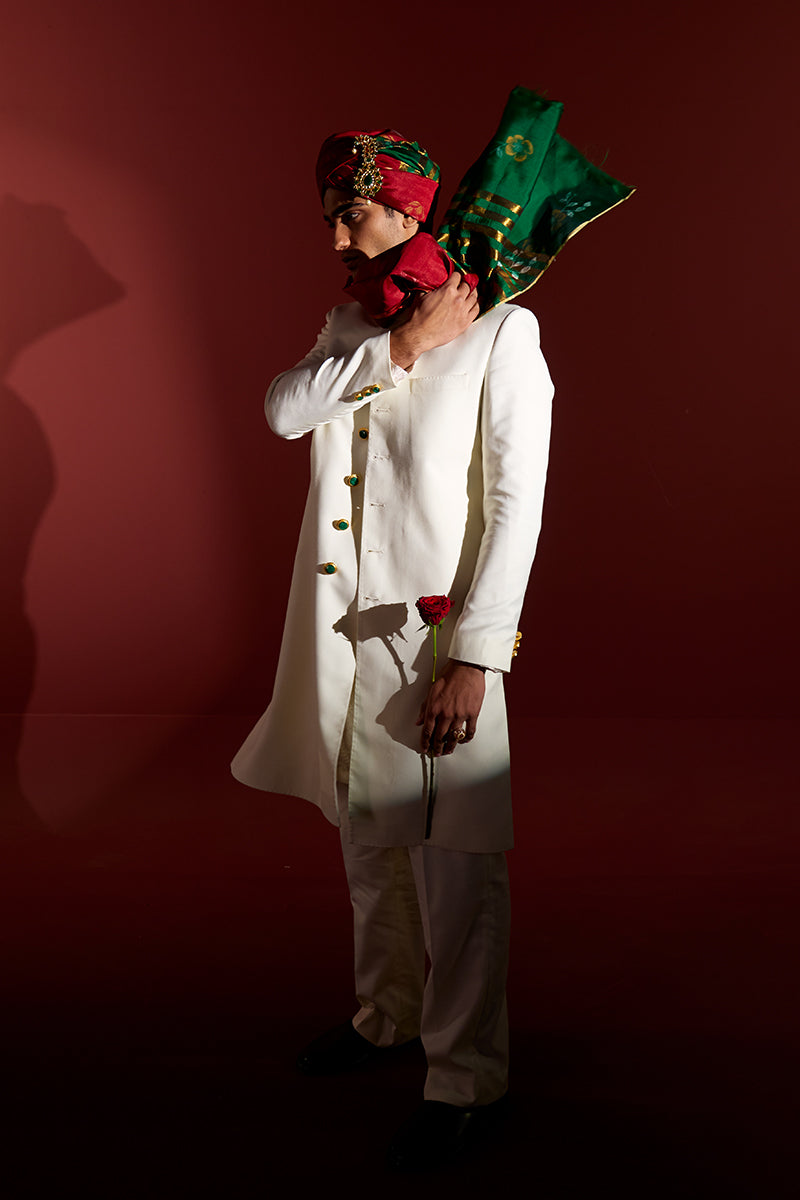 Ivory Stone-Embellished Jacquard Achkan Sherwani (4-Piece) - Image 6