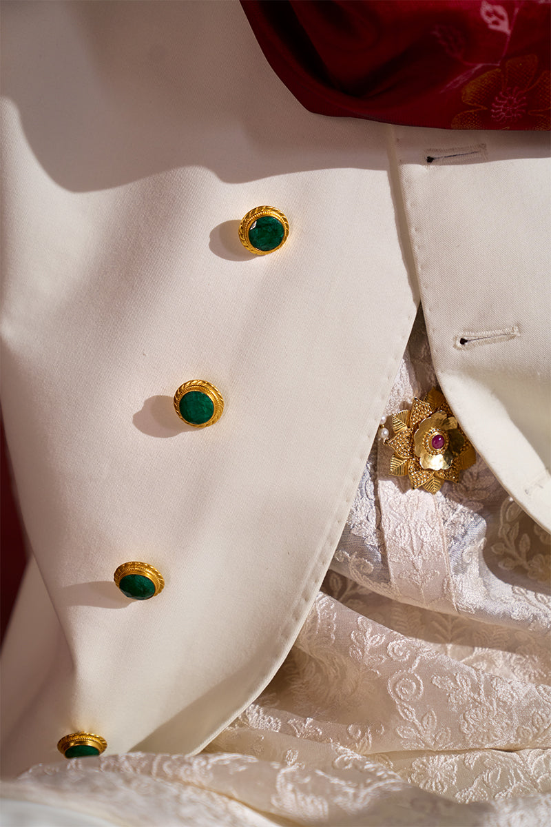 Ivory Stone-Embellished Jacquard Achkan Sherwani (4-Piece) - Image 7