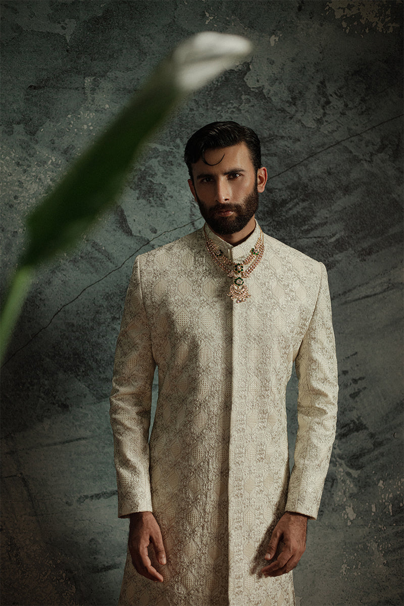 Ivory Beige Embroidered Jamawar Achkan Sherwani (2-Piece) - Image 1