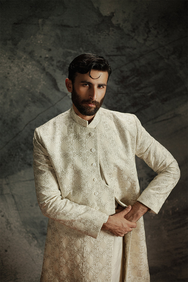 Ivory Beige Embroidered Jamawar Achkan Sherwani (2-Piece) - Image 12