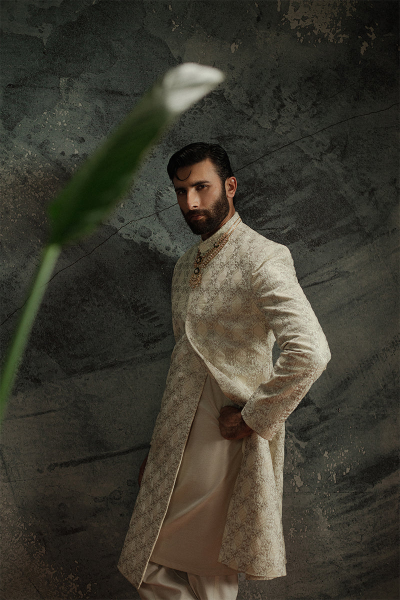 Ivory Beige Embroidered Jamawar Achkan Sherwani (2-Piece) - Image 13