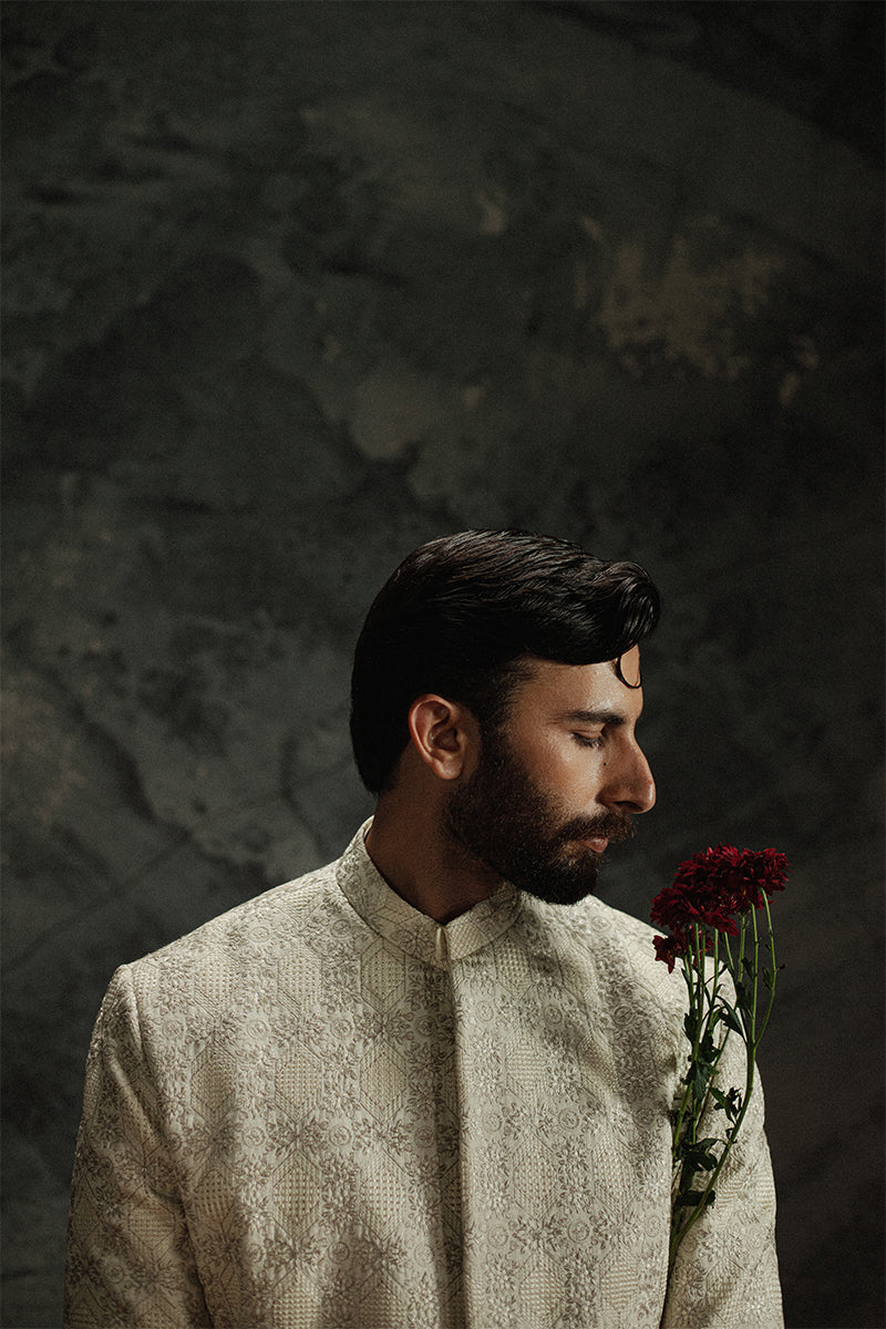 Ivory Beige Embroidered Jamawar Achkan Sherwani (2-Piece) - Image 16