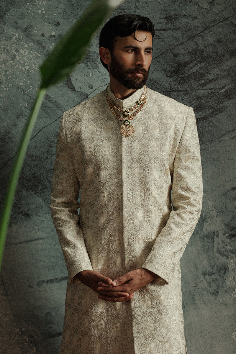 Ivory Beige Embroidered Jamawar Achkan Sherwani (2-Piece) - Image 2