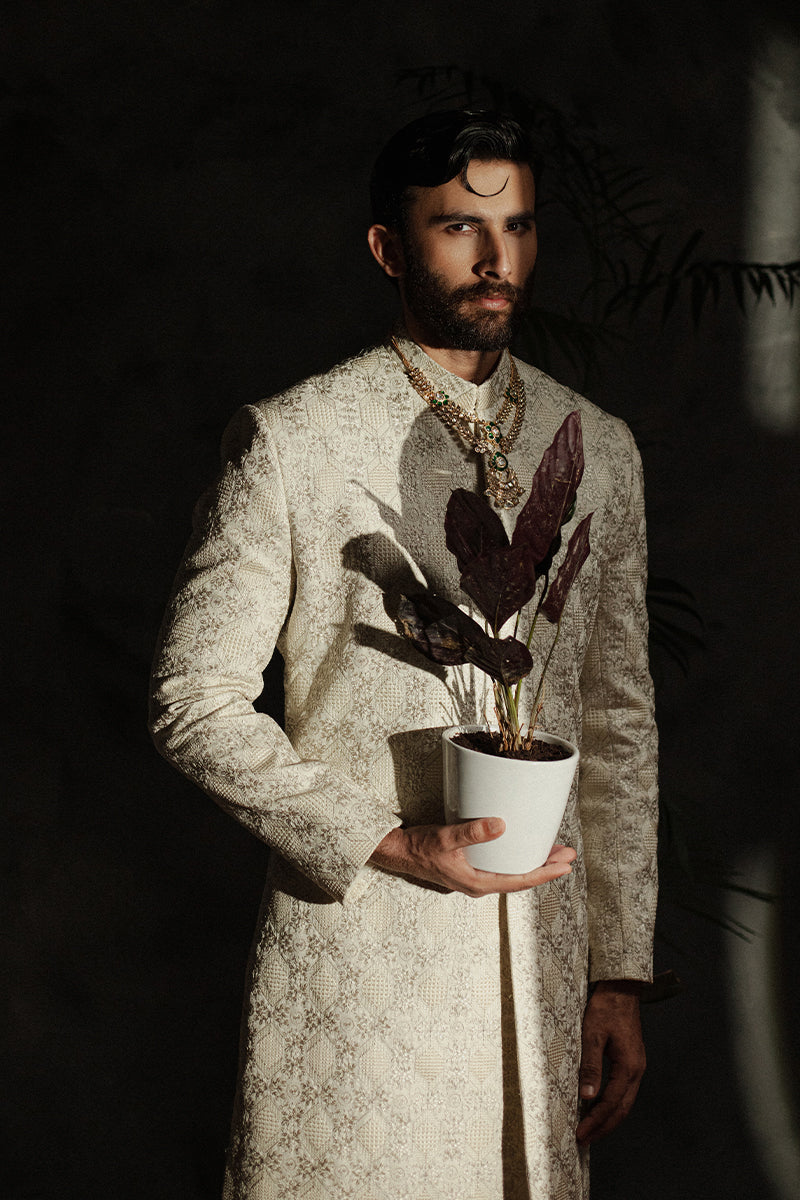Ivory Beige Embroidered Jamawar Achkan Sherwani (2-Piece) - Image 9
