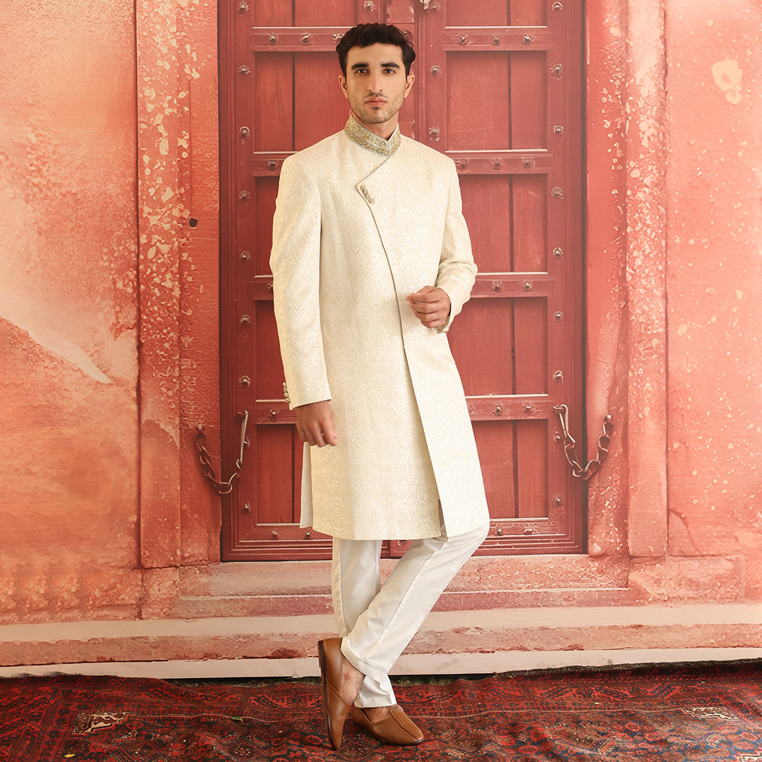 Antique White Embroidered Karandi Jamawar Sherwani (2-Piece) - Image 1
