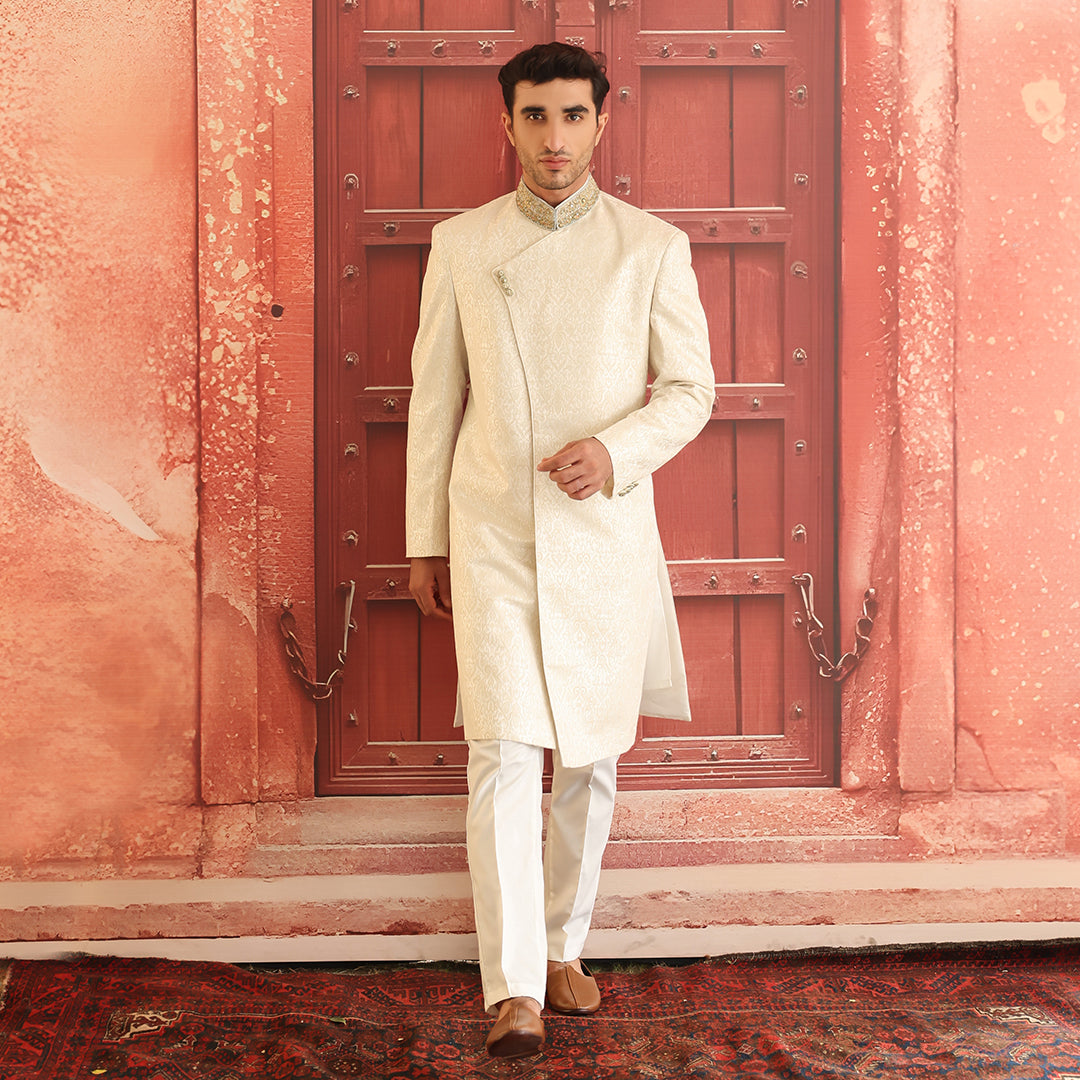 Antique White Embroidered Karandi Jamawar Sherwani (2-Piece) - Image 2