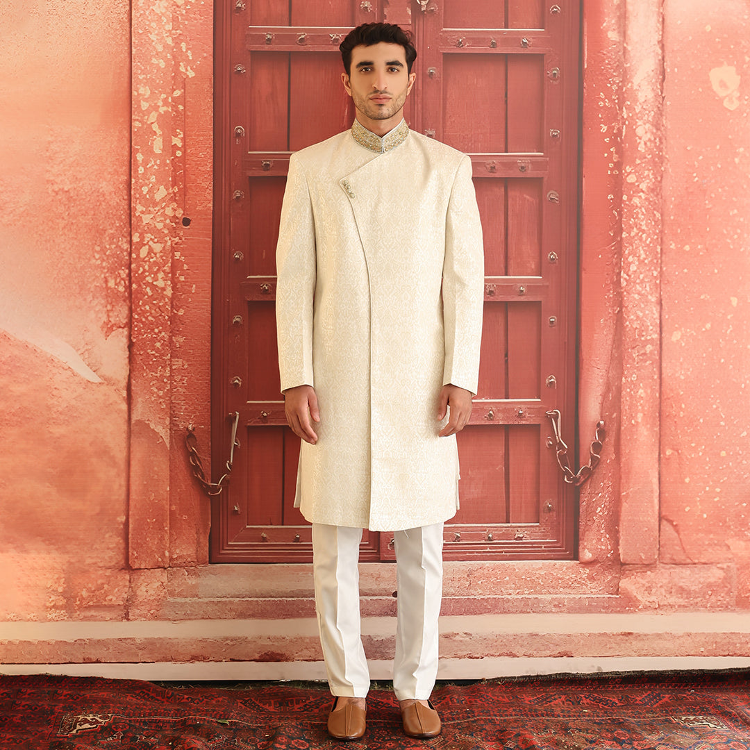 Antique White Embroidered Karandi Jamawar Sherwani (2-Piece) - Image 3