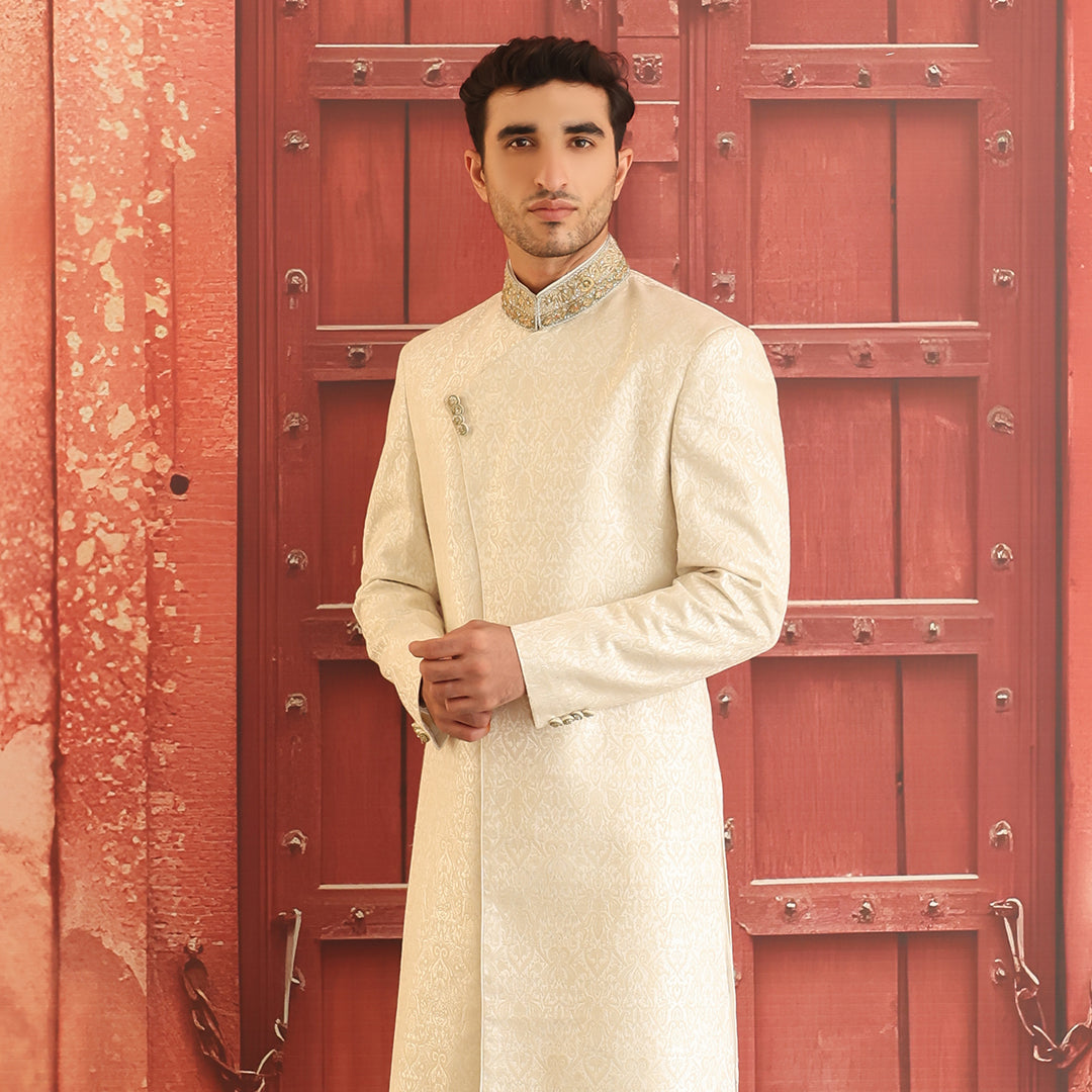 Antique White Embroidered Karandi Jamawar Sherwani (2-Piece) - Image 4