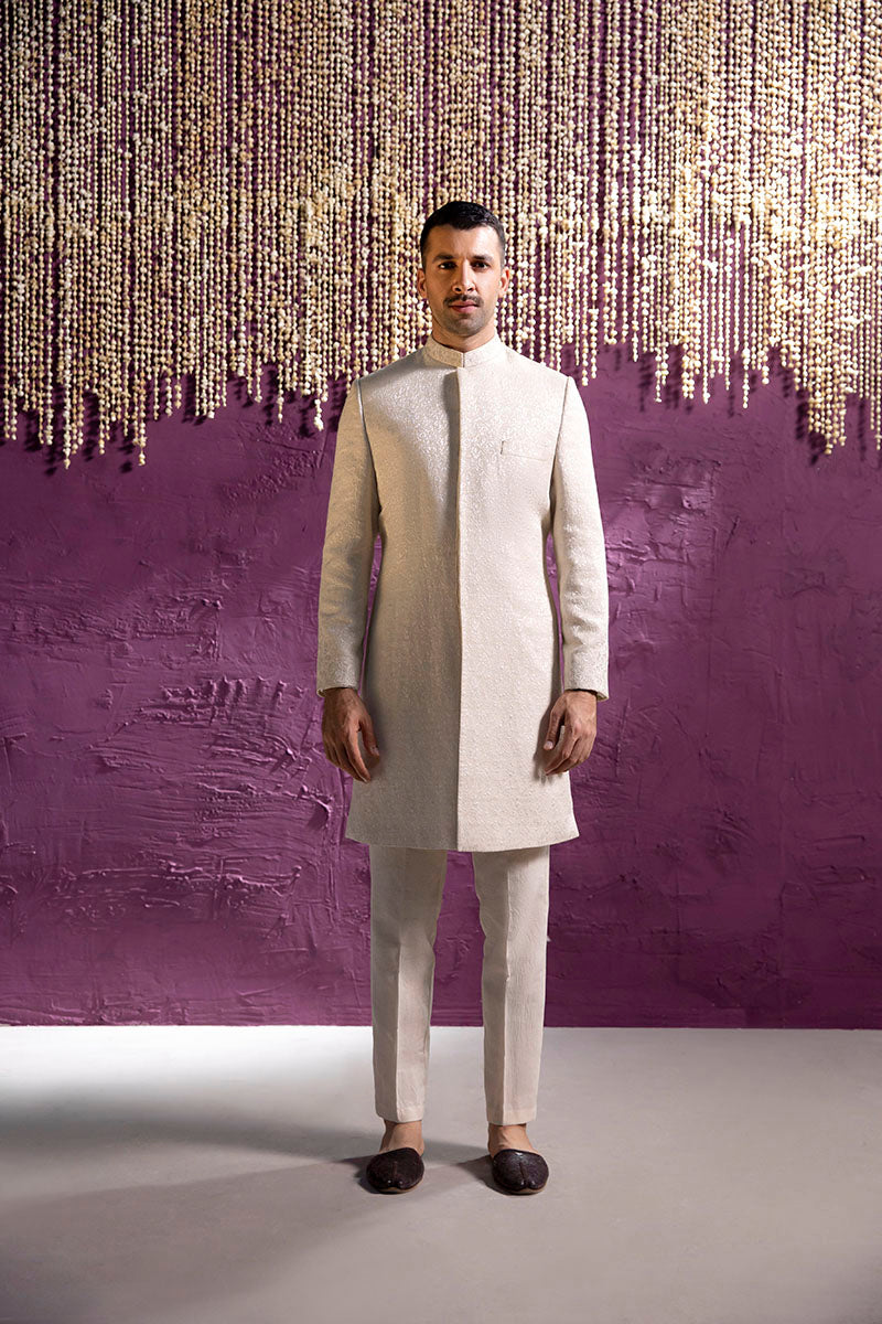 Off-White Self-Embroidered Karandi Sherwani (3-Piece) - Image 2