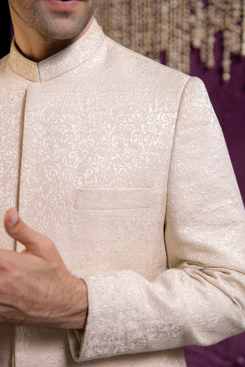 Off-White Self-Embroidered Karandi Sherwani (3-Piece) - Image 3