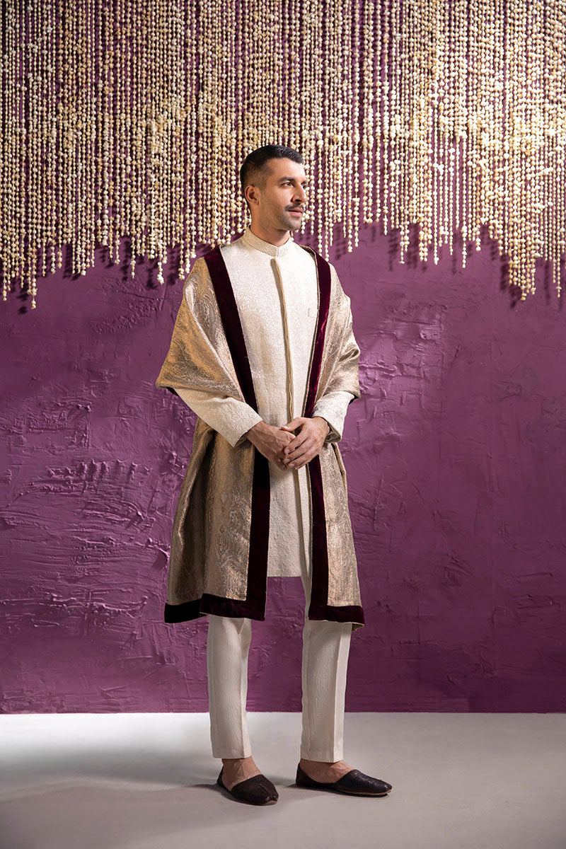 Off-White Self-Embroidered Karandi Sherwani (3-Piece) - Image 4
