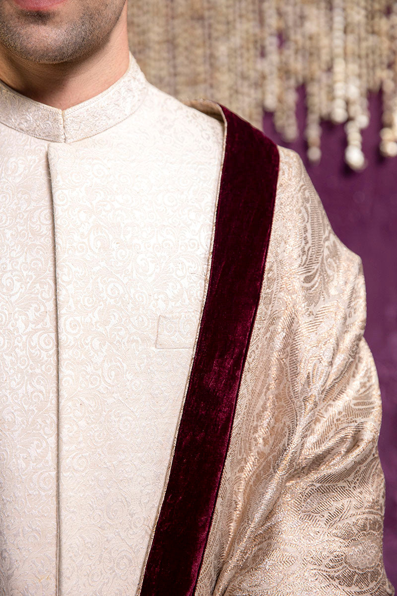 Off-White Self-Embroidered Karandi Sherwani (3-Piece) - Image 5
