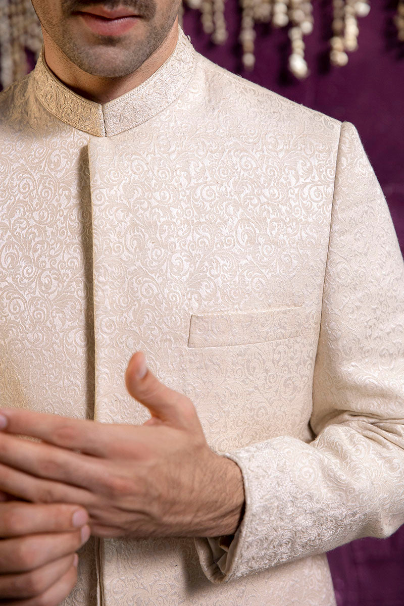 Off-White Self-Embroidered Karandi Sherwani (3-Piece) - Image 6