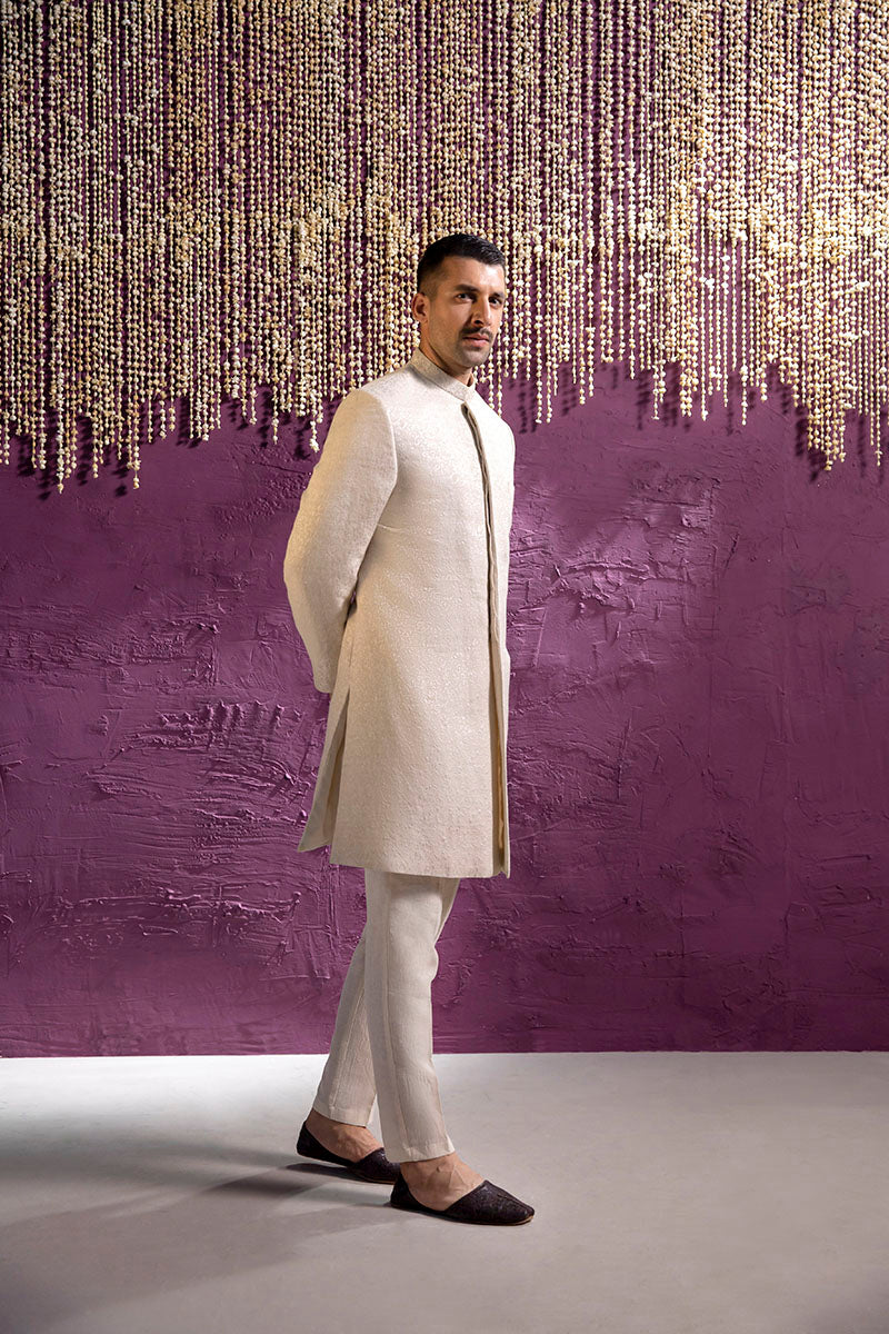 Off-White Self-Embroidered Karandi Sherwani (3-Piece) - Image 7