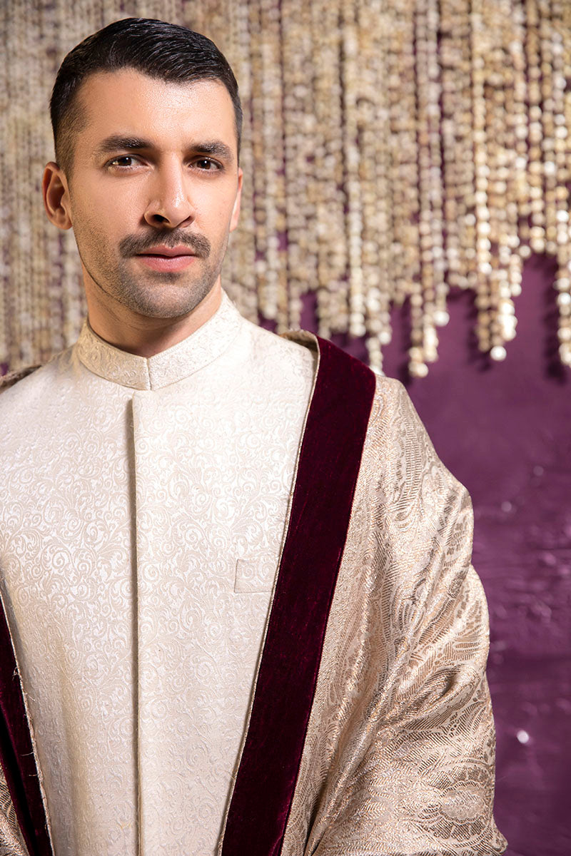 Off-White Self-Embroidered Karandi Sherwani (3-Piece) - Image 9