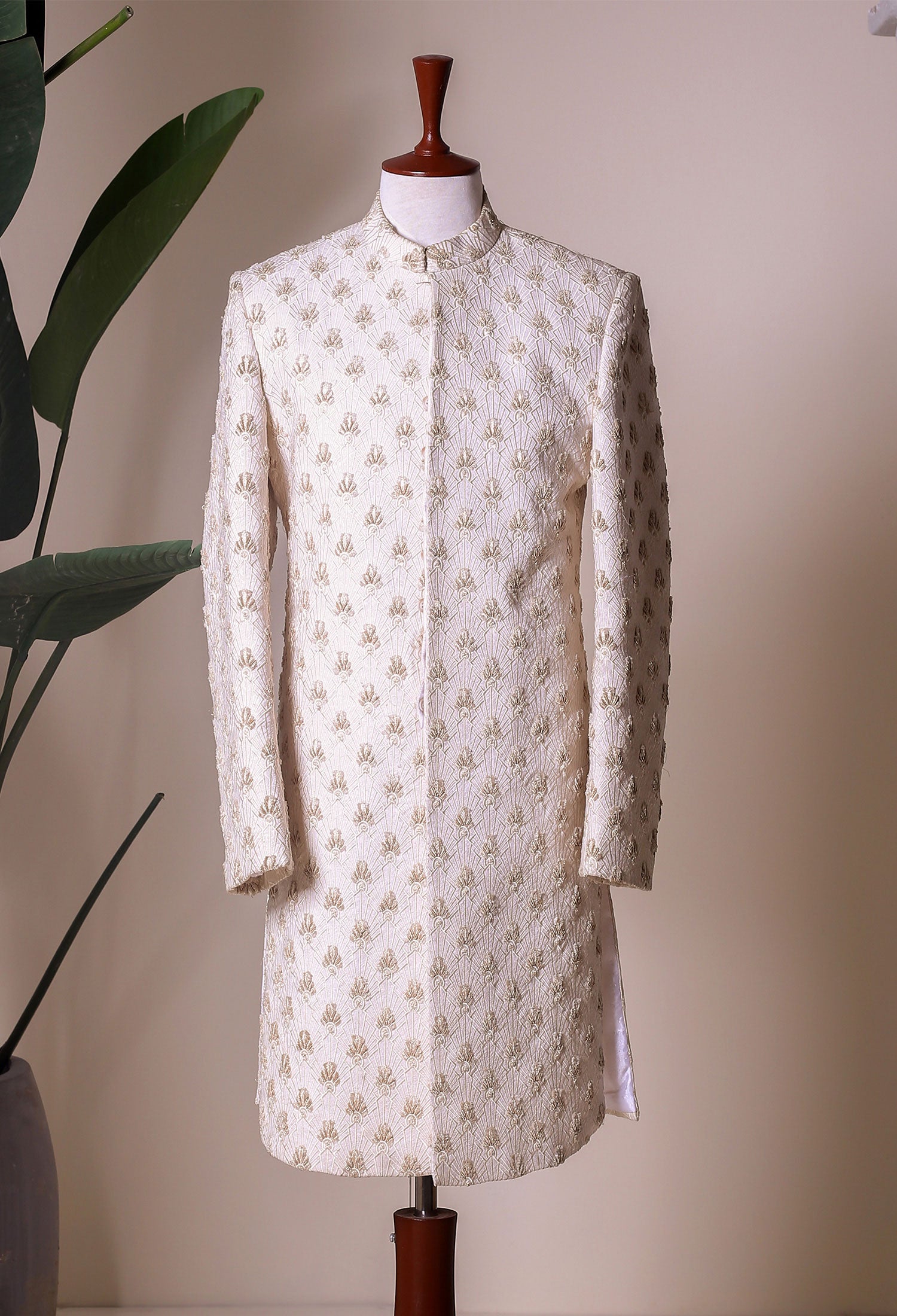 Off-White Embroidered Krandi Cotton Sherwani (2-Piece) - Image 1