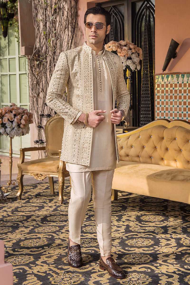Ivory Gold Resham Zardozi Maysuri Sherwani (3-Piece) - Image 2