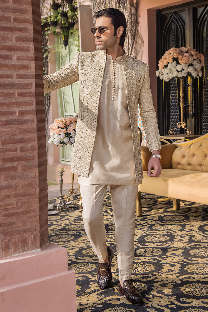 Ivory Gold Resham Zardozi Maysuri Sherwani (3-Piece) - Image 3