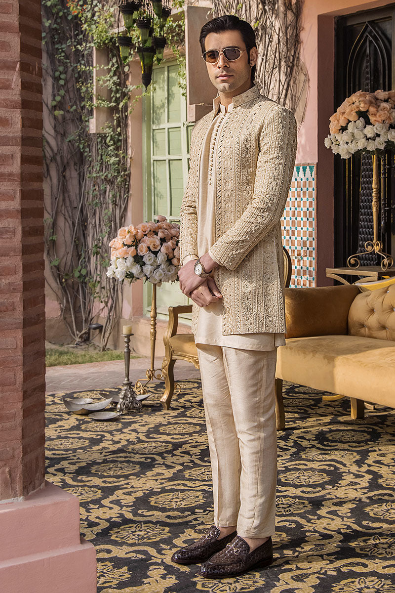 Ivory Gold Resham Zardozi Maysuri Sherwani (3-Piece) - Image 4