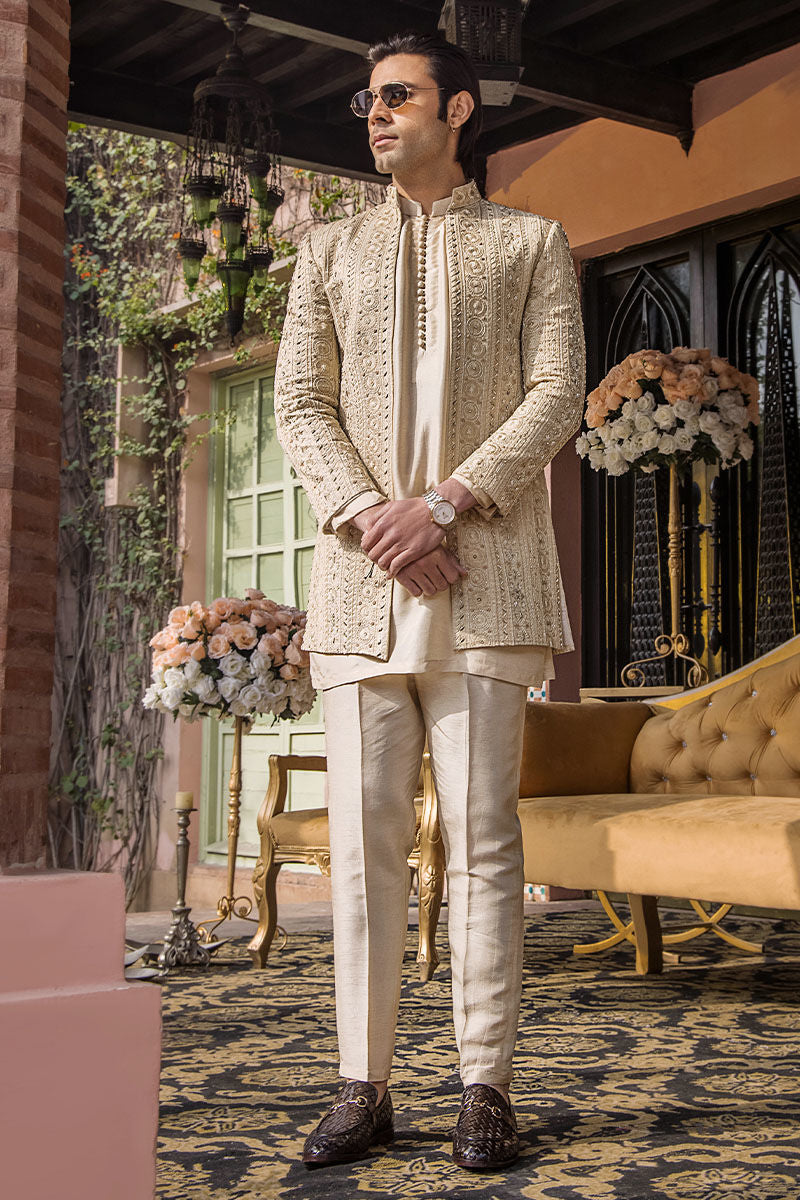 Ivory Gold Resham Zardozi Maysuri Sherwani (3-Piece) - Image 5
