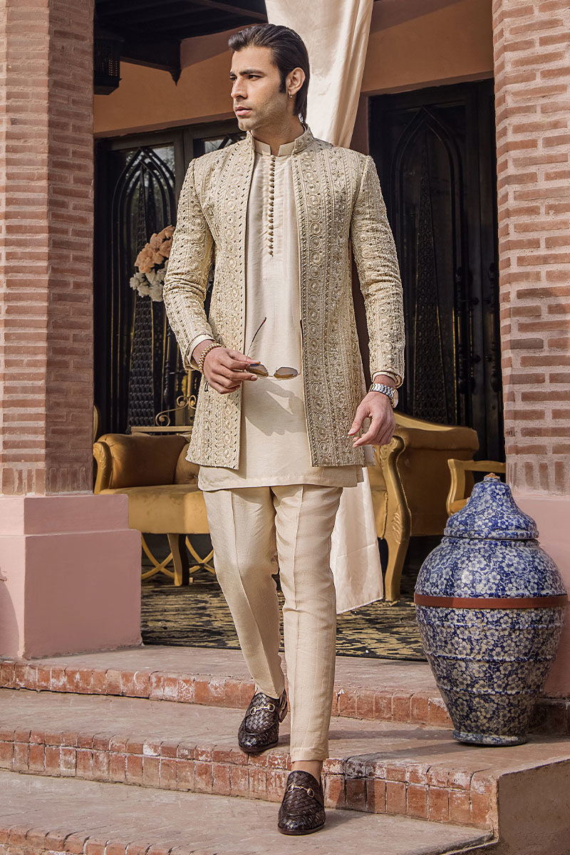 Ivory Gold Resham Zardozi Maysuri Sherwani (3-Piece) - Image 6