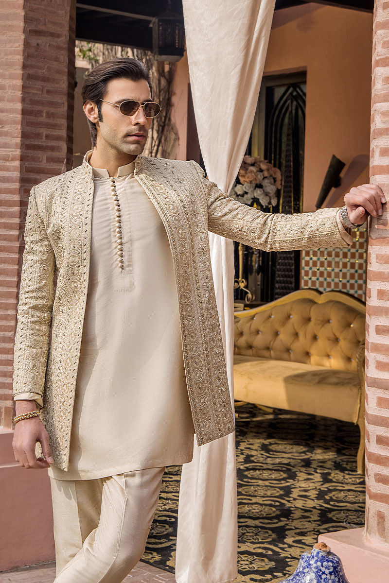 Ivory Gold Resham Zardozi Maysuri Sherwani (3-Piece) - Image 7
