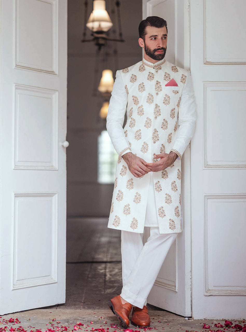 Ivory Embroidered Oak Silk Achkan Sherwani (3-Piece) - Image 2