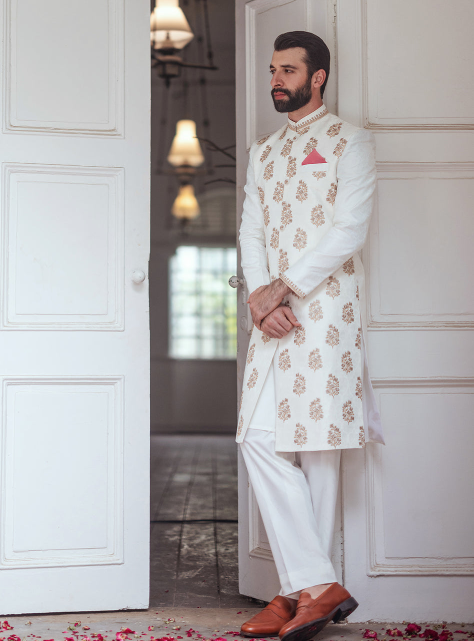 Ivory Embroidered Oak Silk Achkan Sherwani (3-Piece) - Image 4