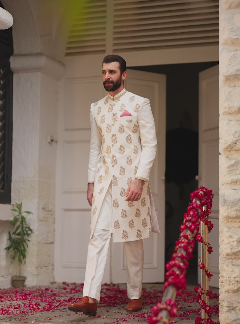 Ivory Embroidered Oak Silk Achkan Sherwani (3-Piece) - Image 6