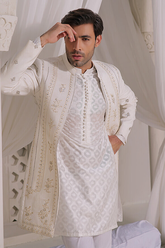 Ivory Embroidered Raw Silk Achkan Sherwani (2-Piece) - Image 1