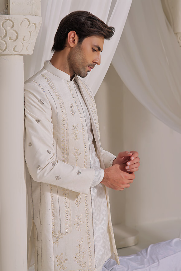 Ivory Embroidered Raw Silk Achkan Sherwani (2-Piece) - Image 2