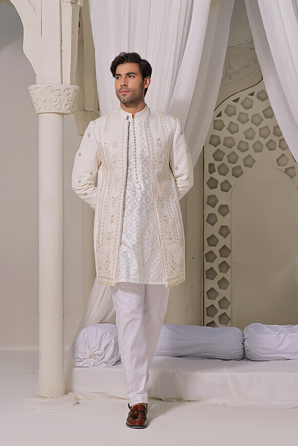 Ivory Embroidered Raw Silk Achkan Sherwani (2-Piece) - Image 3