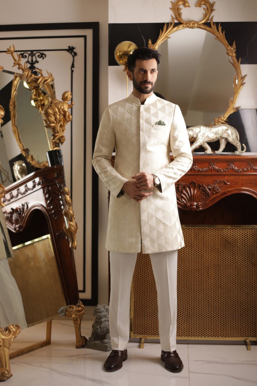 Bone Geometric Embroidered Raw Silk Sherwani (2-Piece) - Image 1
