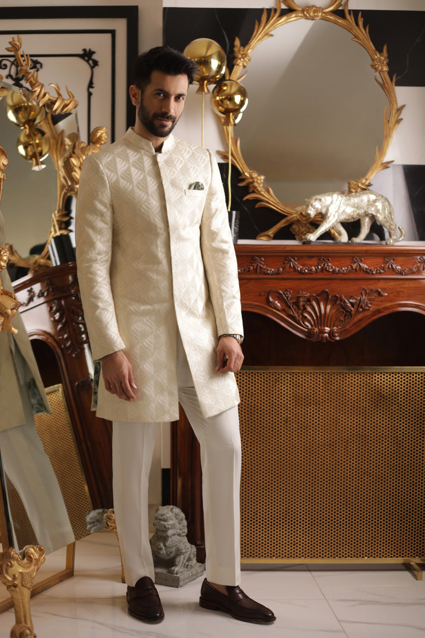 Bone Geometric Embroidered Raw Silk Sherwani (2-Piece) - Image 2
