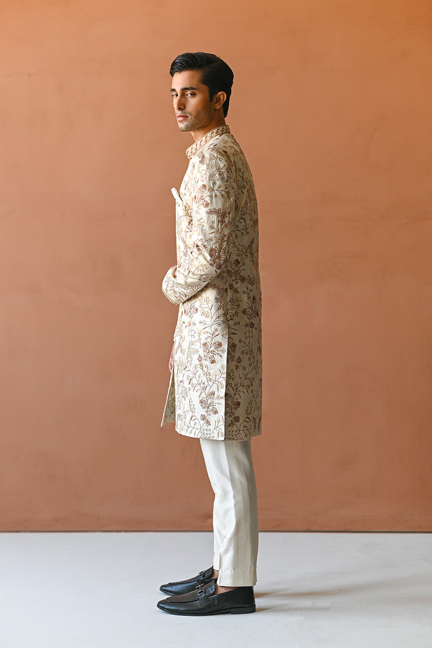 Ivory Aari Embroidered Raw Silk Achkan Sherwani (2-Piece) - Image 2