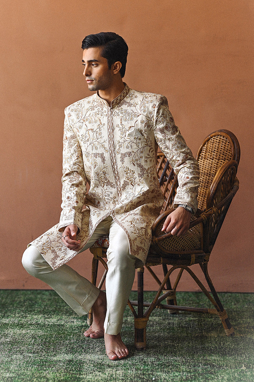 Ivory Aari Embroidered Raw Silk Achkan Sherwani (2-Piece) - Image 3