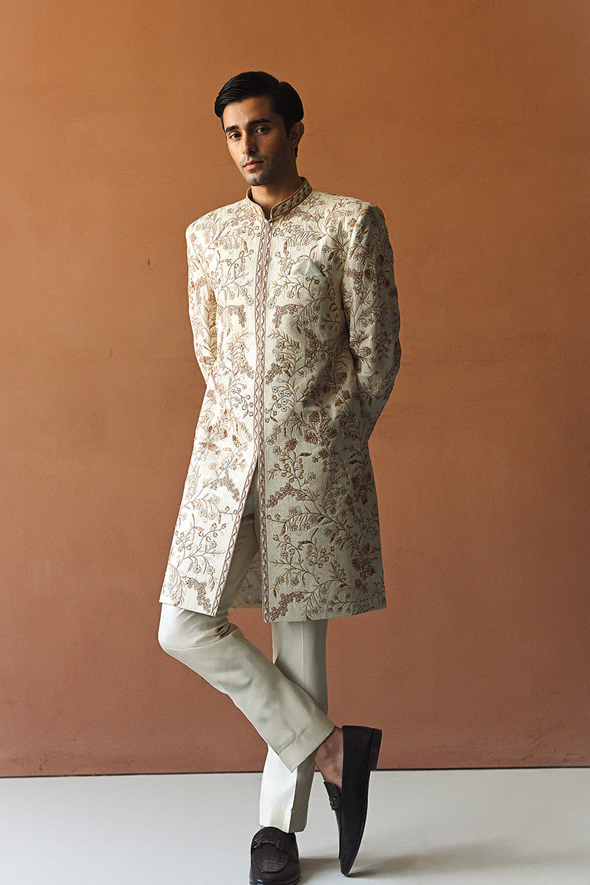 Ivory Aari Embroidered Raw Silk Achkan Sherwani (2-Piece) - Image 4