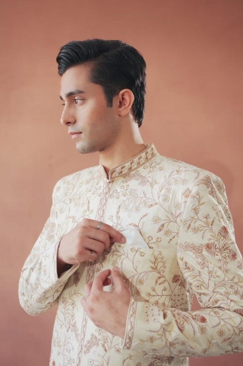Ivory Aari Embroidered Raw Silk Achkan Sherwani (2-Piece) - Image 6