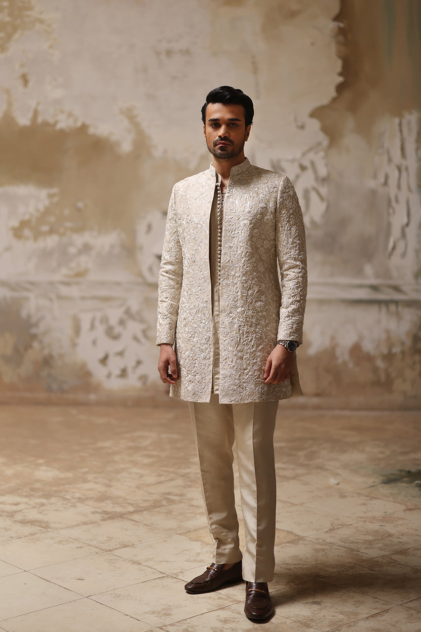 Ivory Resham Embroidered Raw Silk Sherwani (3-Piece) - Image 1