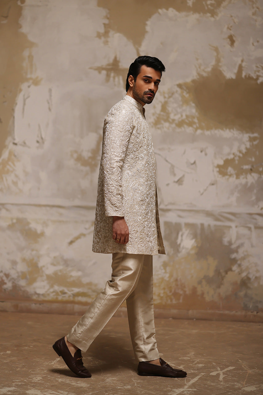 Ivory Resham Embroidered Raw Silk Sherwani (3-Piece) - Image 5