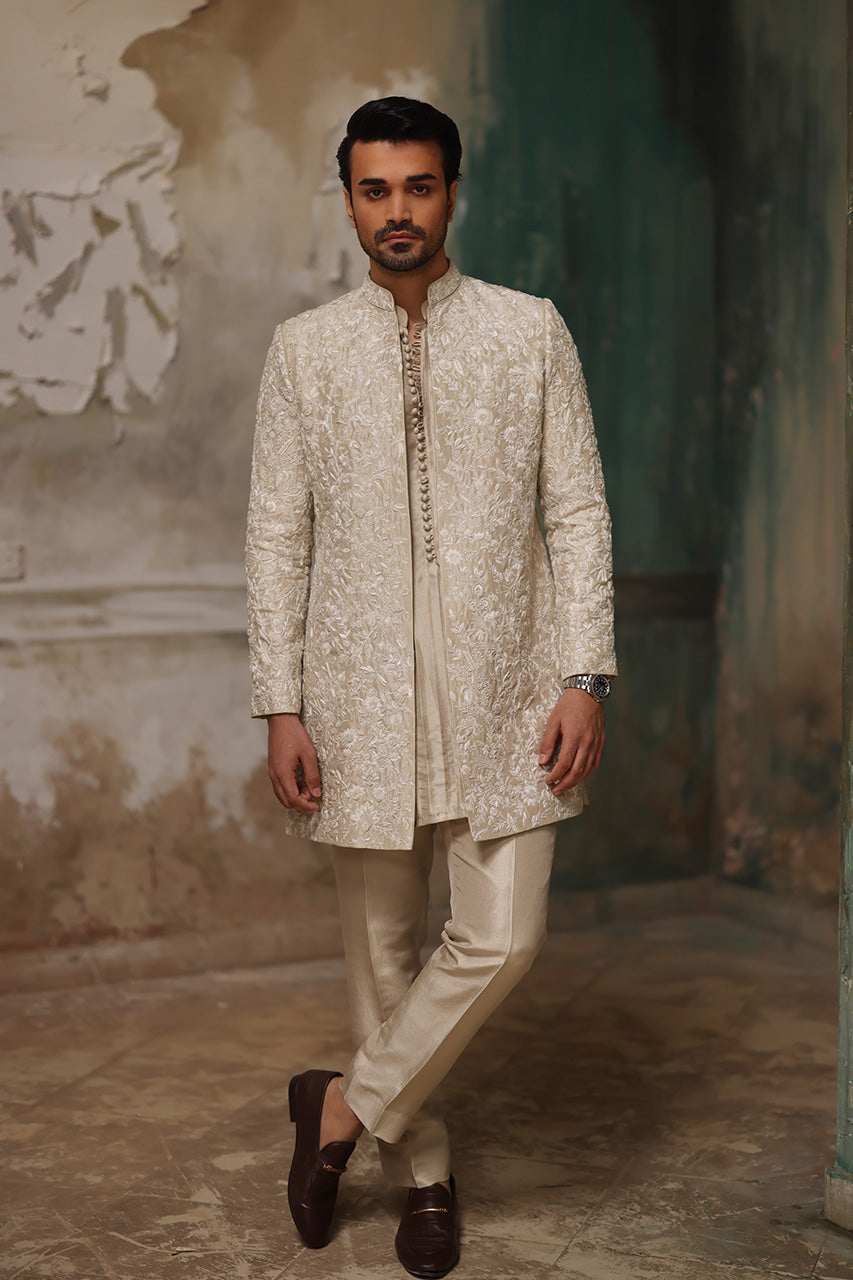 Ivory Resham Embroidered Raw Silk Sherwani (3-Piece) - Image 6