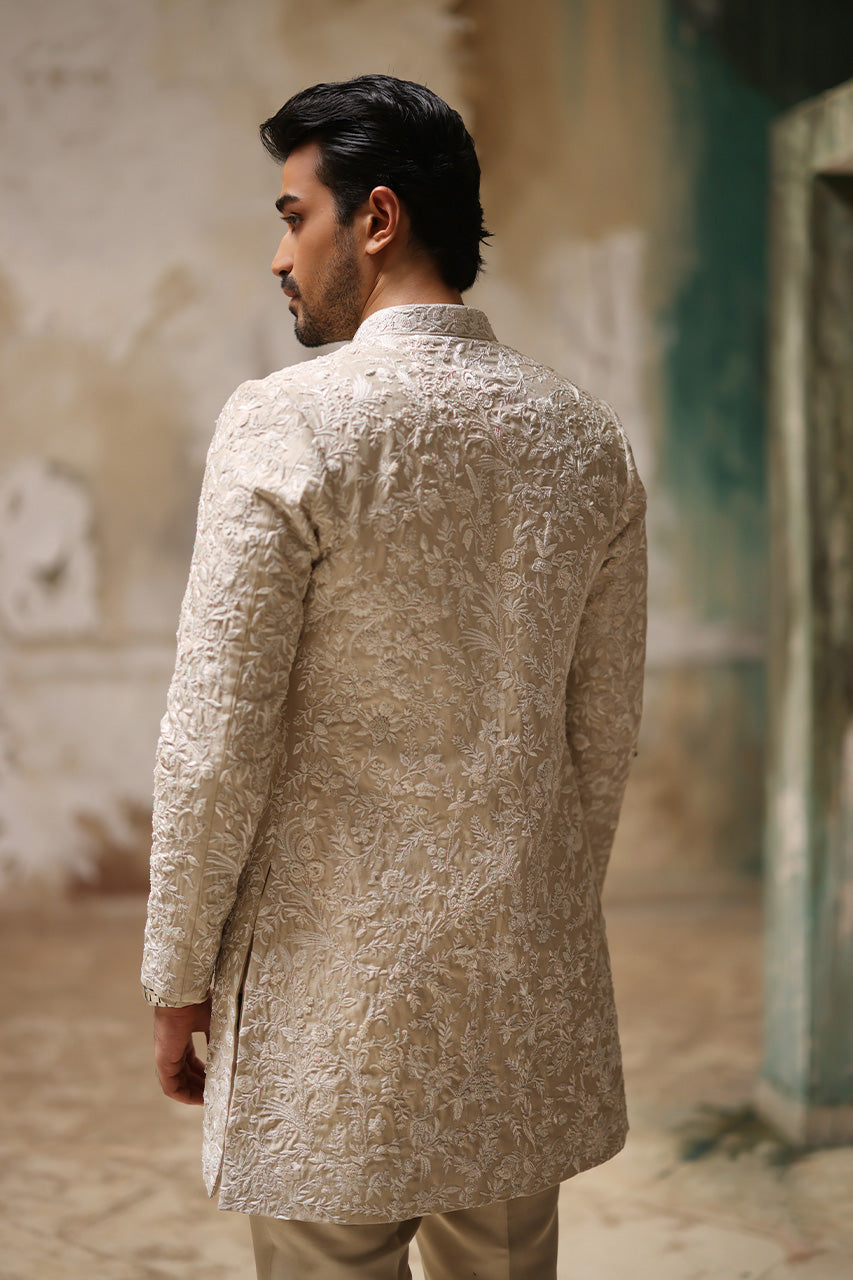 Ivory Resham Embroidered Raw Silk Achkan Sherwani (3-Piece) - Image 2