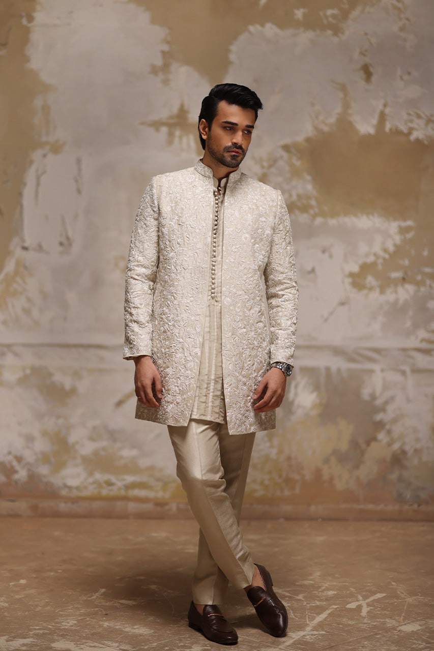 Ivory Resham Embroidered Raw Silk Achkan Sherwani (3-Piece) - Image 3