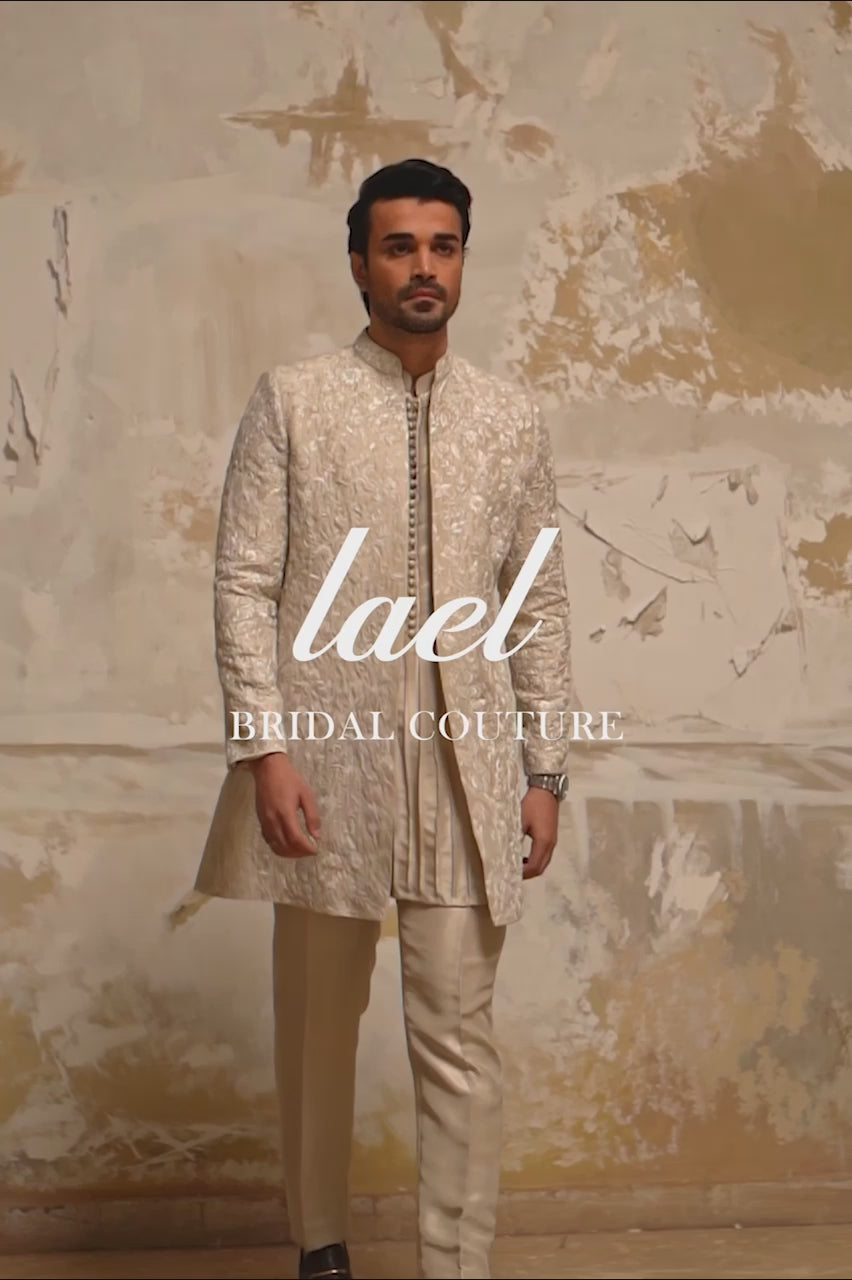 Ivory Resham Embroidered Raw Silk Achkan Sherwani (3-Piece) - Image 7