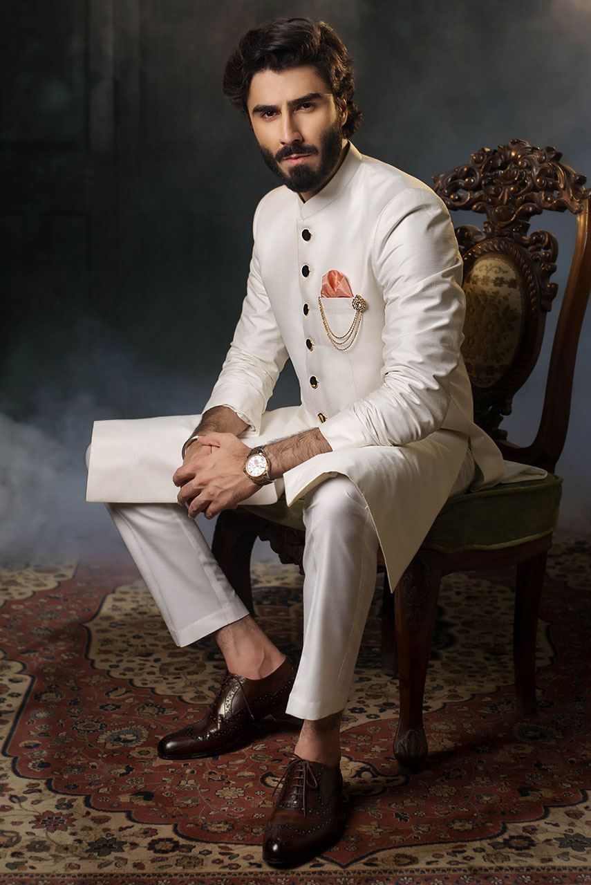 Ivory White Raw Silk Sherwani (2-Piece) - Image 1