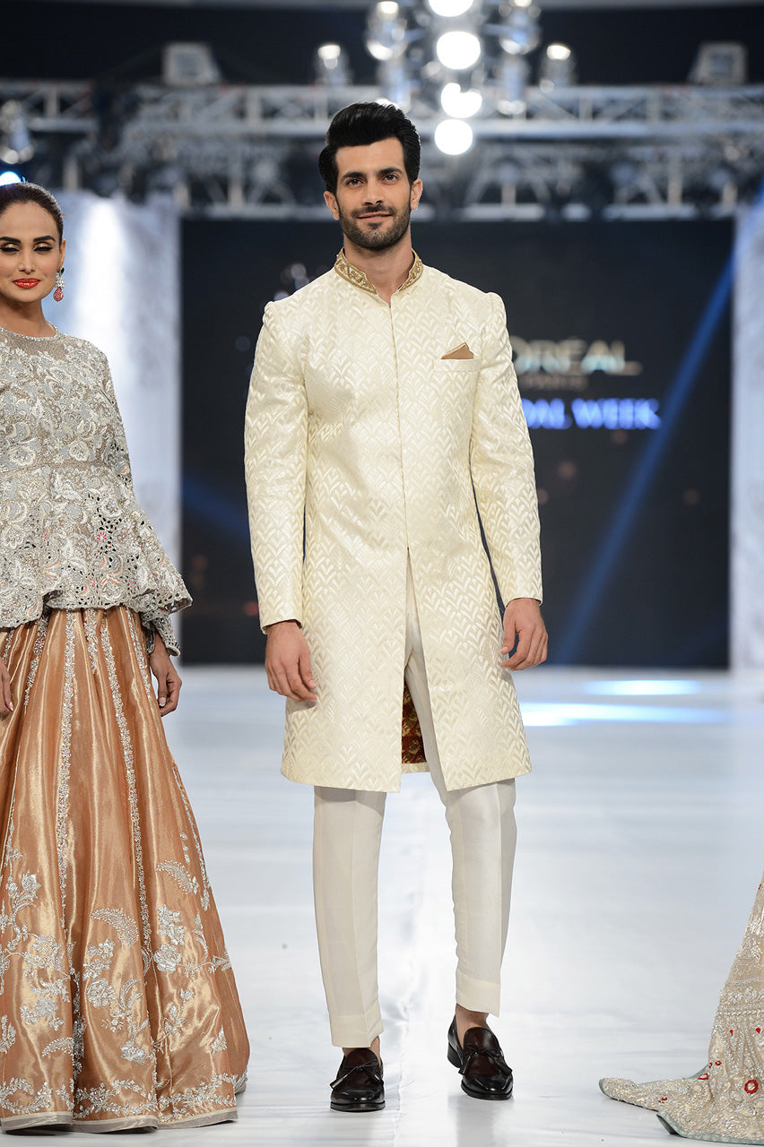 Off-White Jacquard Raw Silk Sherwani (2-Piece) - Image 1