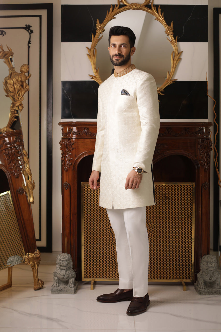 Cream Kantha Embroidered Raw Silk Sherwani (2-Piece) - Image 1