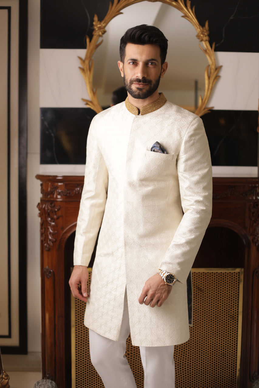 Cream Kantha Embroidered Raw Silk Sherwani (2-Piece) - Image 2