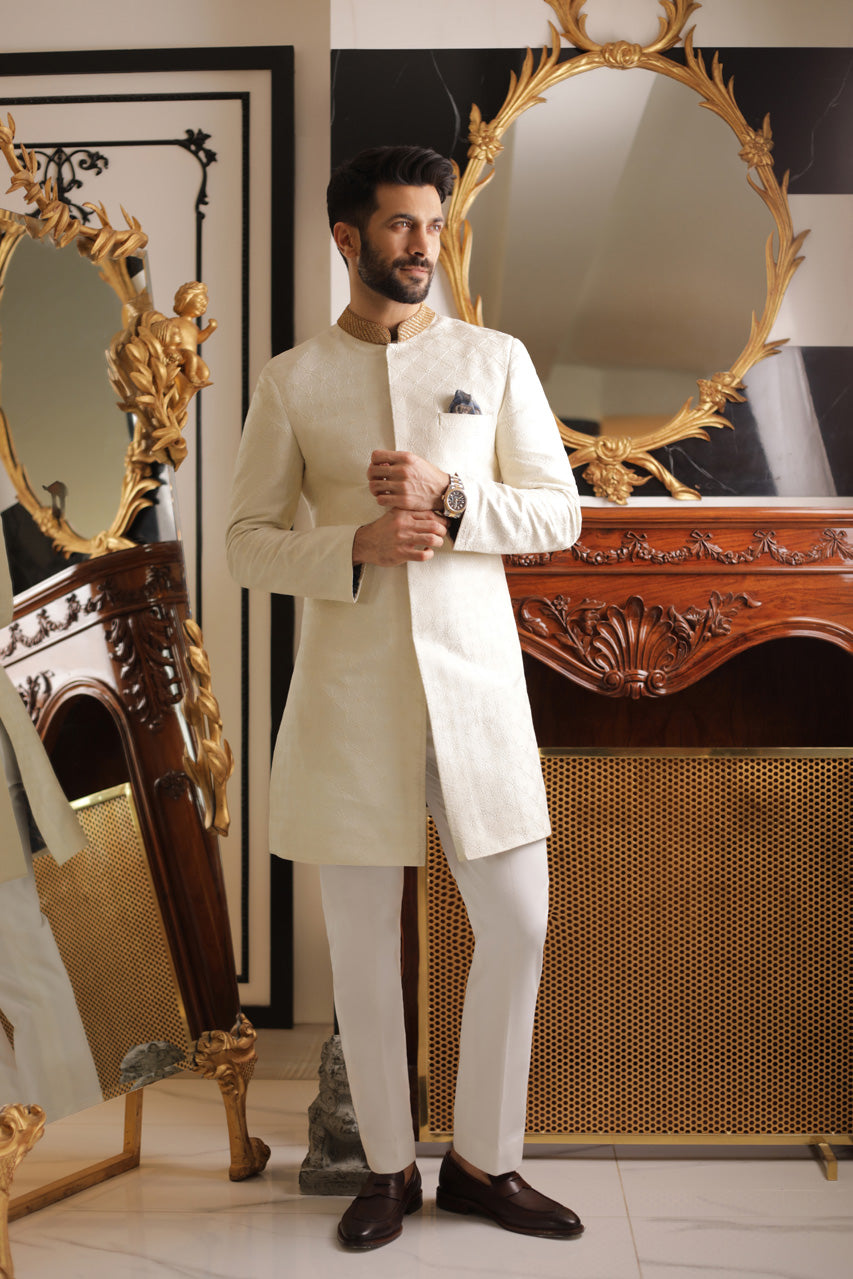 Cream Kantha Embroidered Raw Silk Sherwani (2-Piece) - Image 3
